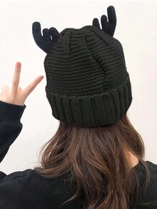 圣诞鹿角男女同款情侣秋冬潮流针织帽百搭保暖内衬加厚保暖护耳针织冷帽 - 黑色 - 查看 2