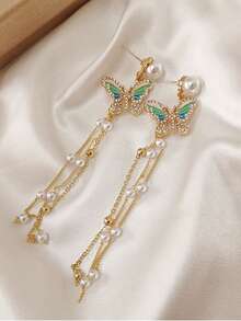 2入組優雅的油畫蝴蝶耳環,鑲嵌鑽石,韓國風格的多功能珠寶,金屬鏈珍珠流蘇長耳鉤,適合女性日常佩戴 - 蝴蝶珍珠流蘇耳環 - 查看 6