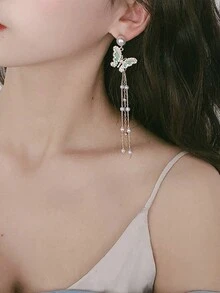 2入組優雅的油畫蝴蝶耳環,鑲嵌鑽石,韓國風格的多功能珠寶,金屬鏈珍珠流蘇長耳鉤,適合女性日常佩戴 - 蝴蝶珍珠流蘇耳環 - 查看 4