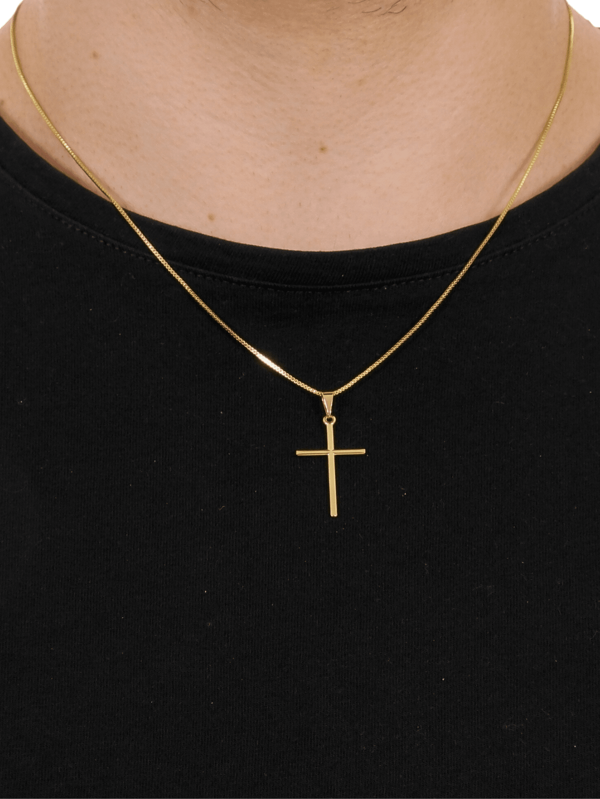 Corrente Cordão Masculino Banhado a Ouro 18k 50cm + Pingente Cruz Palito