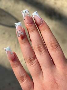 24 Piezas De Uñas Postizas Cuadradas Y Cortas De Estilo Francés Con Diseño En Forma De Mariposa Para Una Cita De Moda - Multicolor - Ver 2