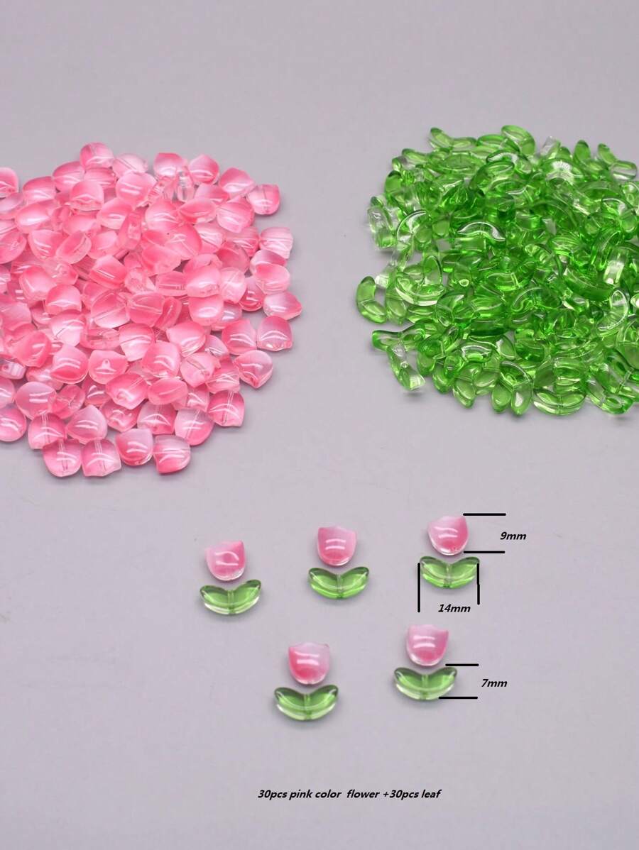 30pcs Màu hồng Màu sắc Hoa uất kim hương Và 30pcs Lá cây Hạt thủy tinh