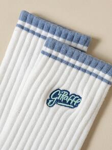 6pairs/set Unisex Couple's Sport Mid-calf Socks With Alphabet Embroidery And Color Block Design - Multicolor - View 5