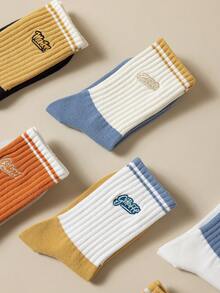 6pairs/set Unisex Couple's Sport Mid-calf Socks With Alphabet Embroidery And Color Block Design - Multicolor - View 4