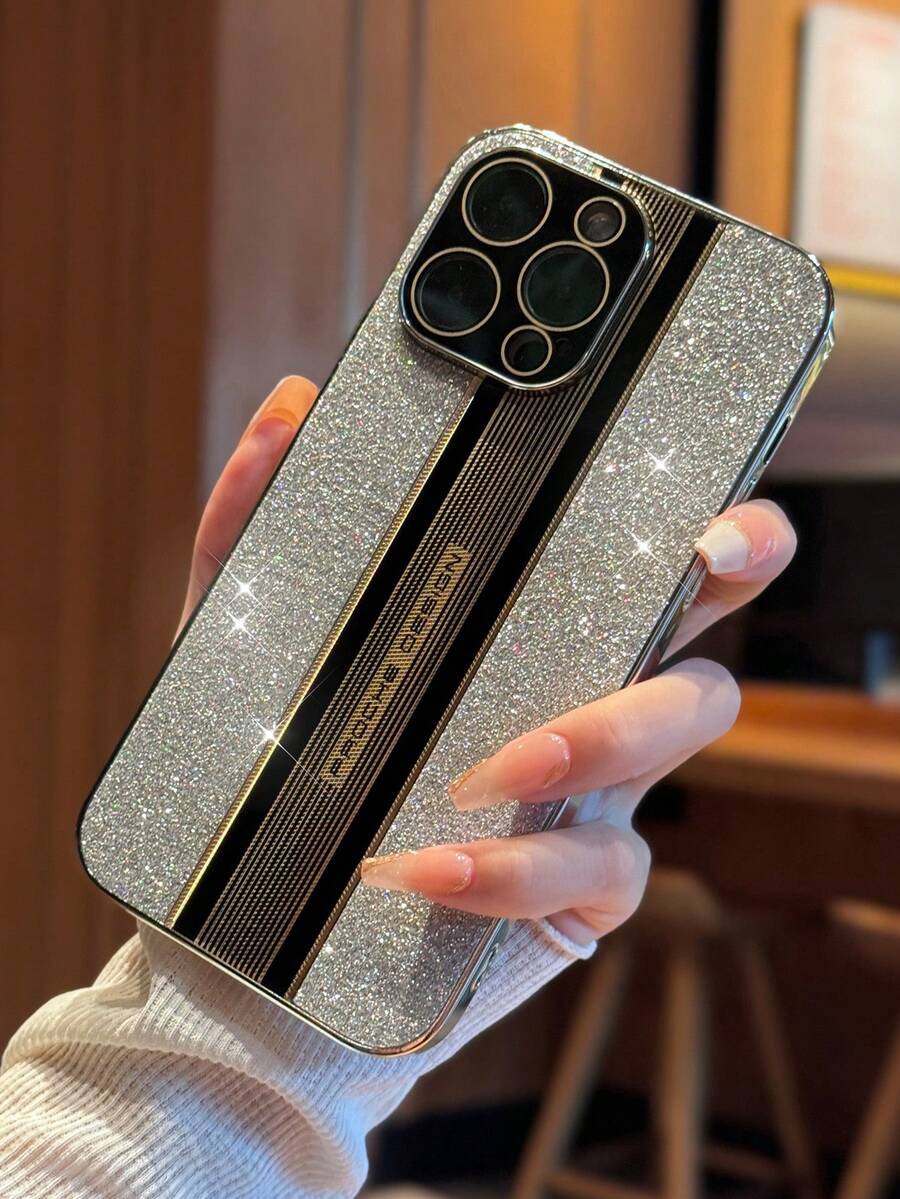 1pc Fashionable Tpu+pc Material Phone Case With Silver Plated Edge, Glitter Material Back Cover, Acrylic Material Wrapped Camera, Compatible With Iphone - Silver - View 1