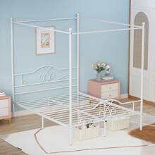 Canopy Bed Frame With Headboard And Footboard, Four-Poster Canopy Bed Metal Platform Mattress Foundation Underbed Storage No Box Spring Needed Easy Assembly - trắng - Xem 2