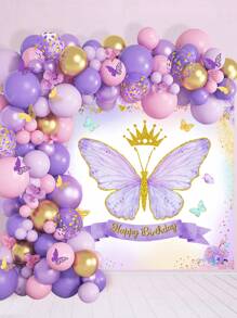 100个紫色蝴蝶气球、乳胶拱门花环套装和背景横幅组合，适用于生日派对装饰、婴儿派对、婚礼、新年、返校季、情人节等场合。 - 紫色 - 查看 1
