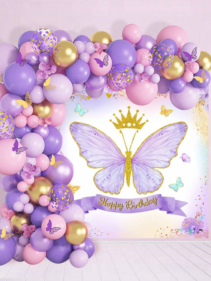 100个紫色蝴蝶气球、乳胶拱门花环套装和背景横幅组合，适用于生日派对装饰、婴儿派对、婚礼、新年、返校季、情人节等场合。 - 紫色 - 查看 1