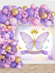 100个紫色蝴蝶气球、乳胶拱门花环套装和背景横幅组合，适用于生日派对装饰、婴儿派对、婚礼、新年、返校季、情人节等场合。 - 紫色 - 查看 2
