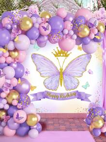 100个紫色蝴蝶气球、乳胶拱门花环套装和背景横幅组合，适用于生日派对装饰、婴儿派对、婚礼、新年、返校季、情人节等场合。 - 紫色 - 查看 3