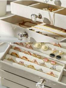 1個帶抽屜的珠寶收納盒,旅行、戒指、耳環、項鍊和手錶用品組織者,桌面化妝品收納盒,金色 - 米色 - 查看 8