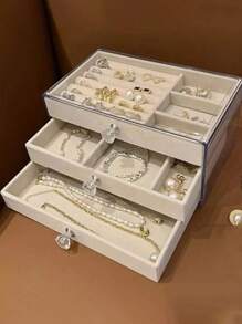 1個帶抽屜的珠寶收納盒,旅行、戒指、耳環、項鍊和手錶用品組織者,桌面化妝品收納盒,金色 - 米色 - 查看 7