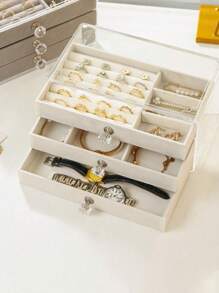 1個帶抽屜的珠寶收納盒,旅行、戒指、耳環、項鍊和手錶用品組織者,桌面化妝品收納盒,金色 - 米色 - 查看 6