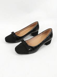 Square Toe Low Vamp Comfortable Thick Heel Work Shoes - Black - View 6