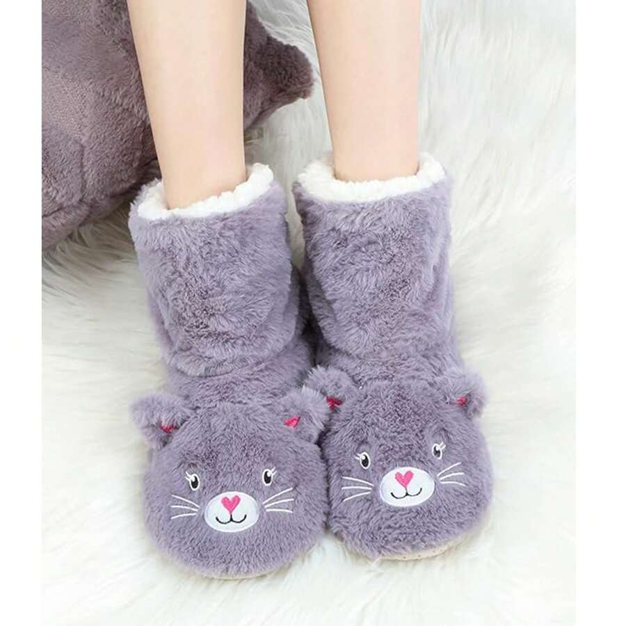 Botas con bonito diseño de gato para mujer con ribete gris suave, gris claro - Púrpura polvoriento - Ver 1