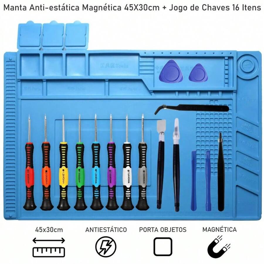 Kit Manta Antiestática Magnética GRANDE 30x45cm + Jogo de Chaves 16 Peças KIT COMPLETO - Azul - Visão 1