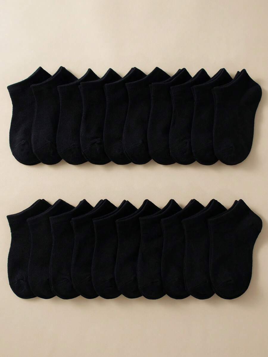 20 Pairs Children's Black Classic Casual Sports Socks, Comfortable, Breathable And Suitable For Daily And Back To School Outfits - Black - View 1