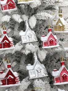 Giáng sinh Đồ trang trí Nhỏ bé Nhà cửa & Cây thông noel Vật rủ xuống Với Mạ điện Nhuộm màu Nhựa Tuyết Nhà Bộ Của 4 - Bạc - Xem 5