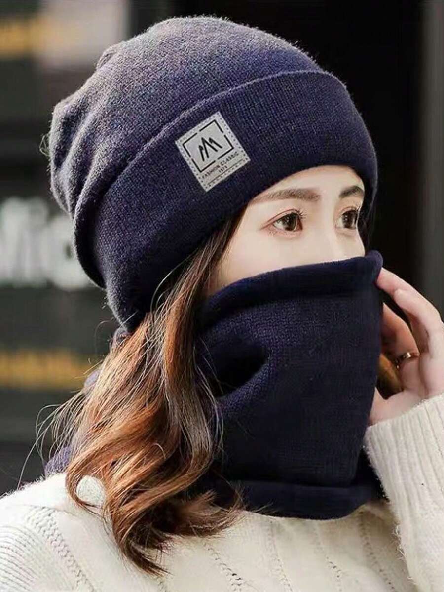 1 套女式冬帽 2 件組保暖針織無簷小便帽和防風保暖圍巾騎行用 - 藏蓝色 - 查看 1