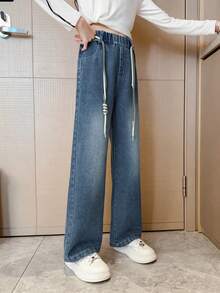 Pantalones De Mezclilla Bordados Para Niñas Con Bolsillos Traseros, Otoño/invierno - Azul - Ver 6