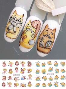 可愛熊貓圖案美甲貼紙水貼花竹字母卡哇伊卡通動物形像水彩指甲紋身配件 - 彩色 - 查看 5