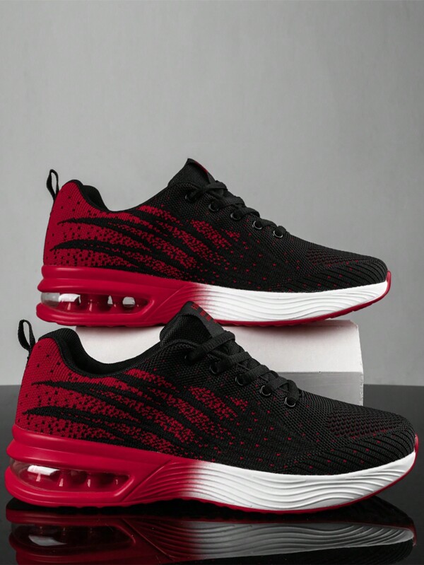Herren-Schnür-Luftpolster-Sneaker mit Farbblockierung und Farbverlauf, gestrickt, bequem, atmungsaktiv und stoßdämpfend, Outdoor-Laufschuhe, geeignet für Outdoor-Sportarten, Joggen, Fitness und Wandern