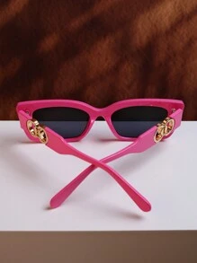 1pair Small Rectangular Plastic Frame Fashion Glasses With Metallic Double Ring Decoration For Beach Party, Vacation And Fashionable Look - Hot Pink - View 3