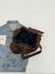 Corduroy Multi-pocket Simple Shoulder Bag - Coffee Brown - View 6