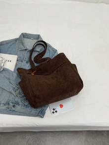 Corduroy Multi-pocket Simple Shoulder Bag - Coffee Brown - View 5