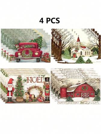 Christmas Polyester Placemat, Featuring Christmas Tree And Santa Claus Pattern For Heat Insulation And Decoration On Dining Or Kitchen Table In Western Style, Christmas Themed Home Decor