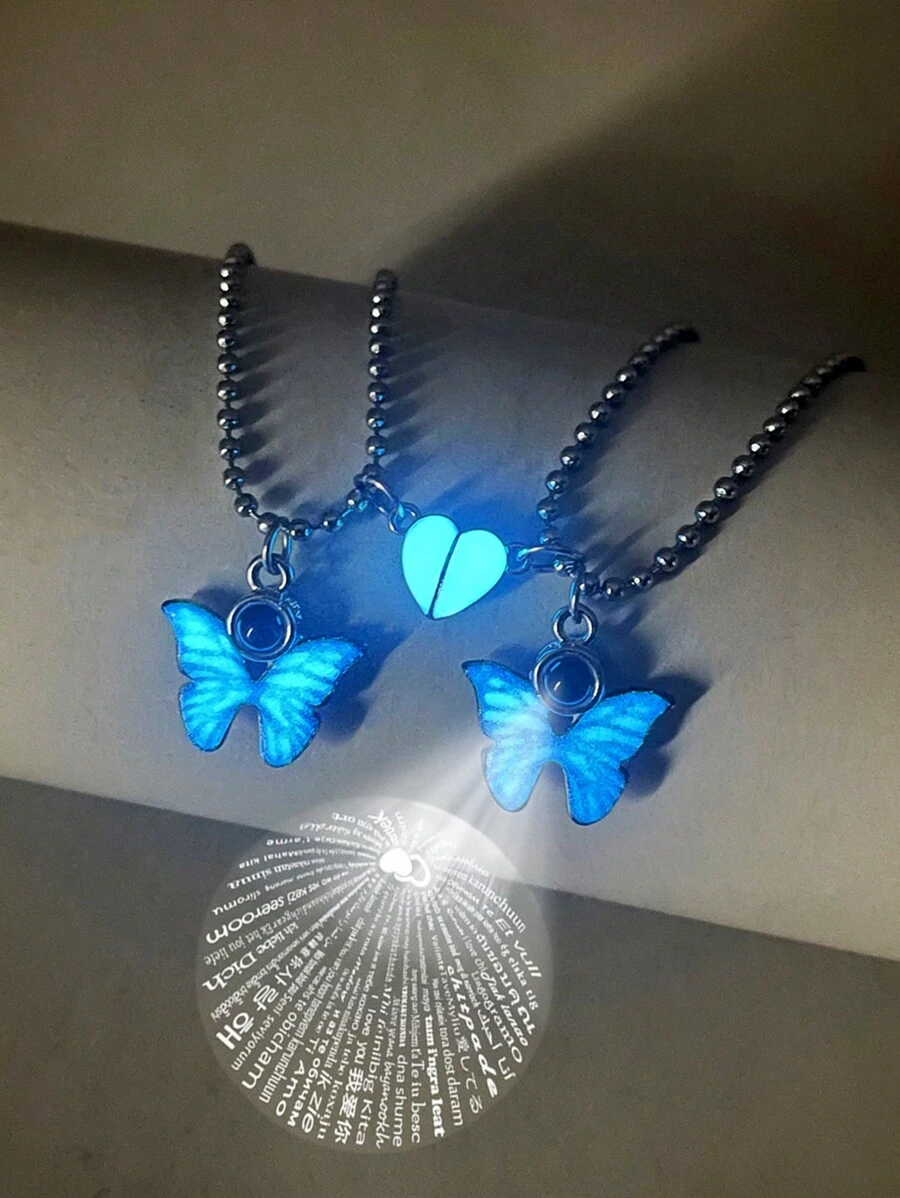 ATLVXJL 2 pièces/set Collier pendentif en acier inoxydable en forme de papillon et de cœur lumineux pour couple, cadeau de la Saint-Valentin - Multicolore - Voir 1