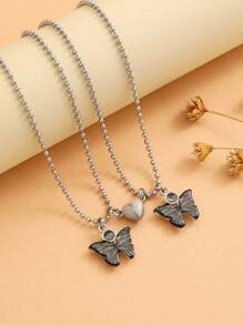 ATLVXJL 2 pièces/set Collier pendentif en acier inoxydable en forme de papillon et de cœur lumineux pour couple, cadeau de la Saint-Valentin - Multicolore - Voir 2