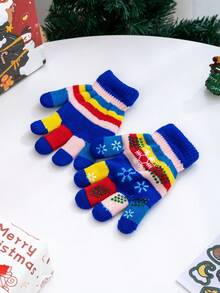 1對冬季雙層加厚毛絨暖手套(兒童專用),卡通雪花多色編織手套 - 彩色 - 查看 3