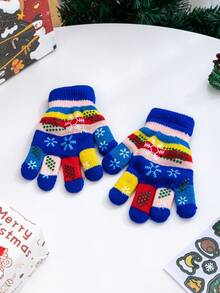 1對冬季雙層加厚毛絨暖手套(兒童專用),卡通雪花多色編織手套 - 彩色 - 查看 4