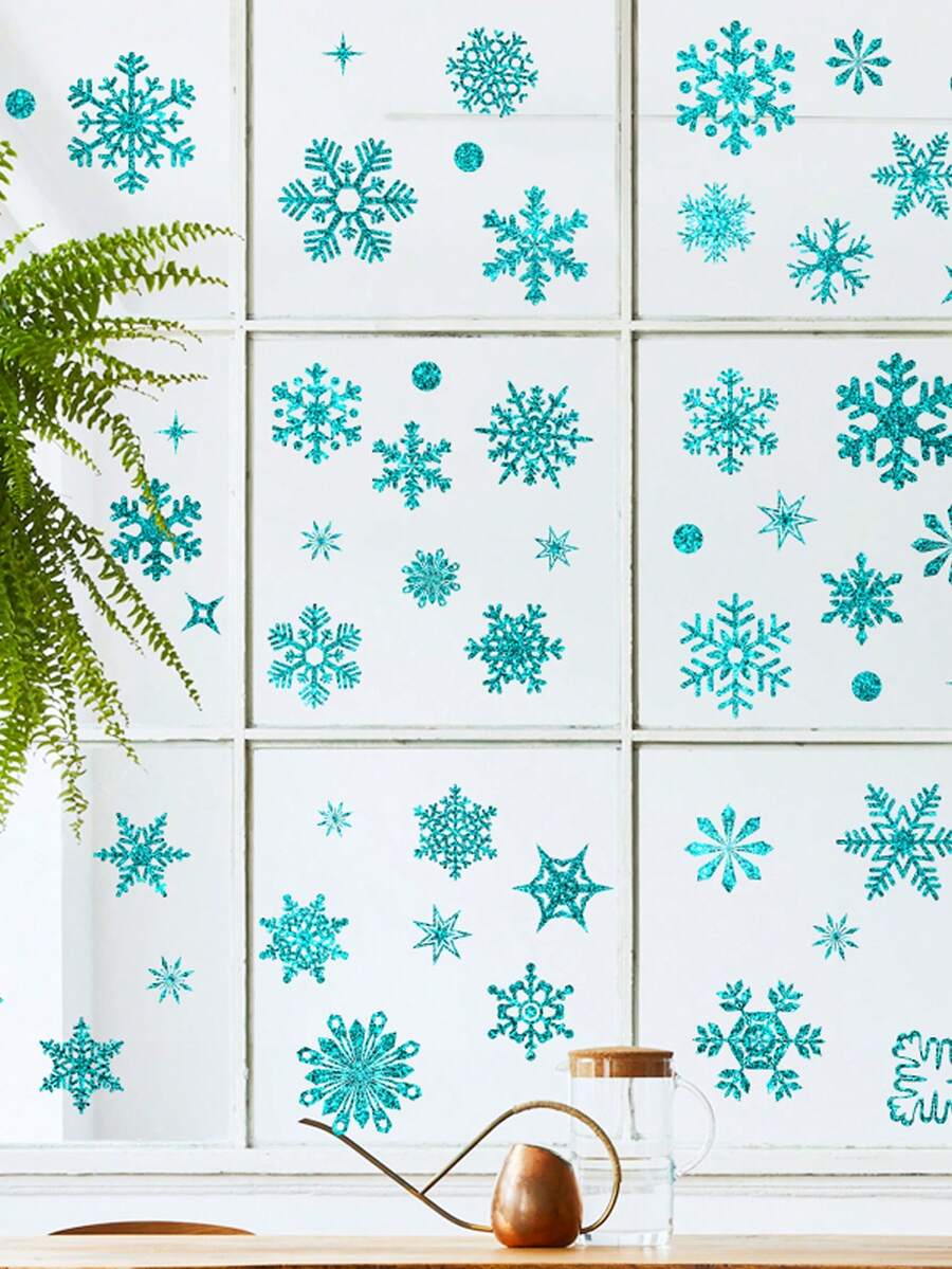9pcs Christmas Snowflake Decorative Window Stickers, Electrostatic Sticker For Decorating Shop Windows, Glass Doors, Etc. - Blue - View 1