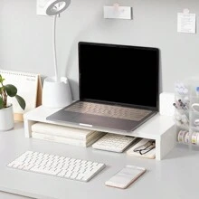 1pc White Wooden Minimalist Style Desktop Computer Riser Stand, Desk Organizer Shelf Suitable For Student Office Desk - White - View 8