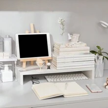 1pc White Wooden Minimalist Style Desktop Computer Riser Stand, Desk Organizer Shelf Suitable For Student Office Desk - White - View 3