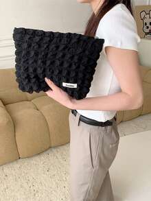 1 Pieza Bolsa Portátil De Gran Capacidad Con Impresión De Letras Para Cosméticos, Artículos De Tocador Y Almacenamiento - Negro - Ver 4