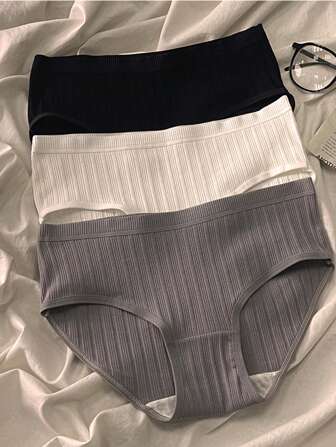 3入組女士三角褲,日式風格,中腰設計,簡約、透氣