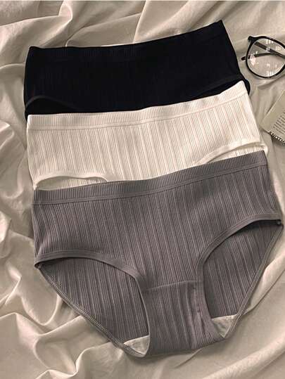 3入組女士三角褲,日式風格,中腰設計,簡約、透氣