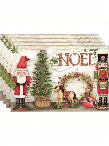 Christmas Polyester Placemat, Featuring Christmas Tree And Santa Claus Pattern For Heat Insulation And Decoration On Dining Or Kitchen Table In Western Style, Christmas Themed Home Decor - Red - View 3