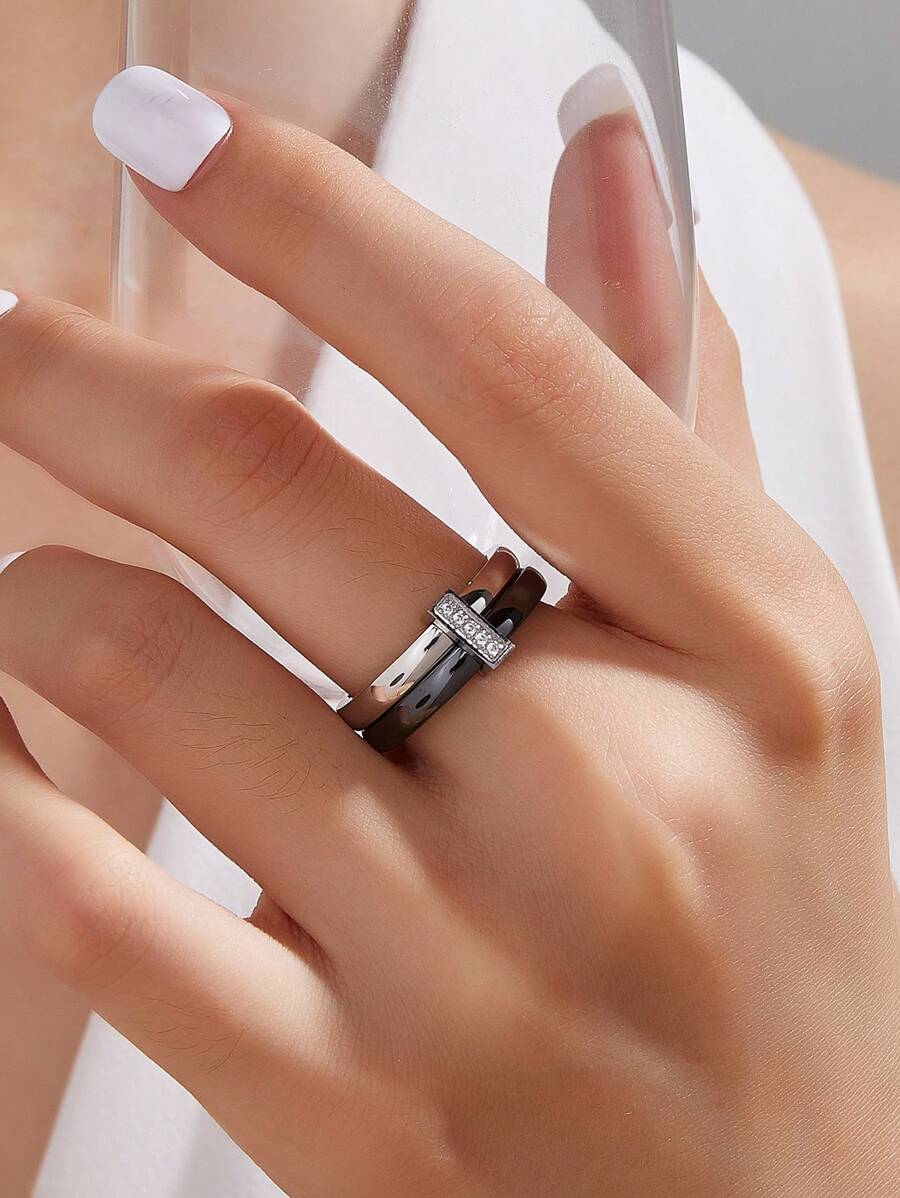 1 件華麗不鏽鋼陶瓷方晶鋯石戒指女士首飾婚禮派對約會禮物 - 銀色 - 查看 1