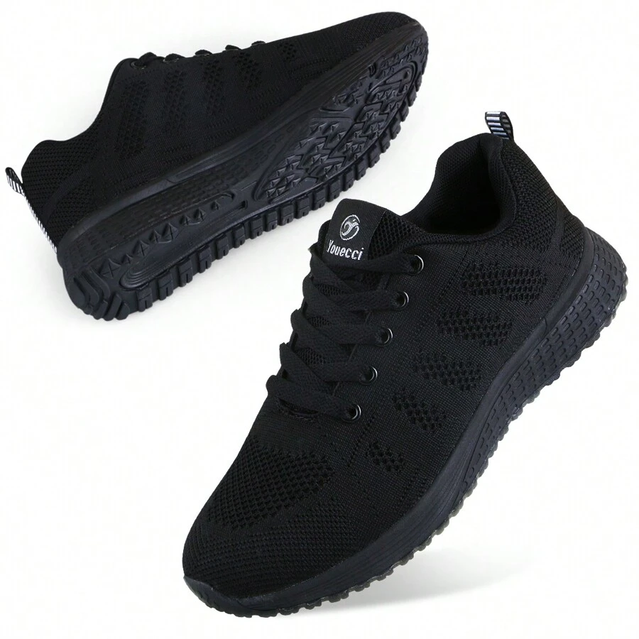 Youecci Women Lightweight Walking Shoes Ladies Lace Up Sneakers Mesh Go Running Trainers Low Top Breathable Athletic Walk Gym Shoes Sport Run - 黑色 - 查看 1