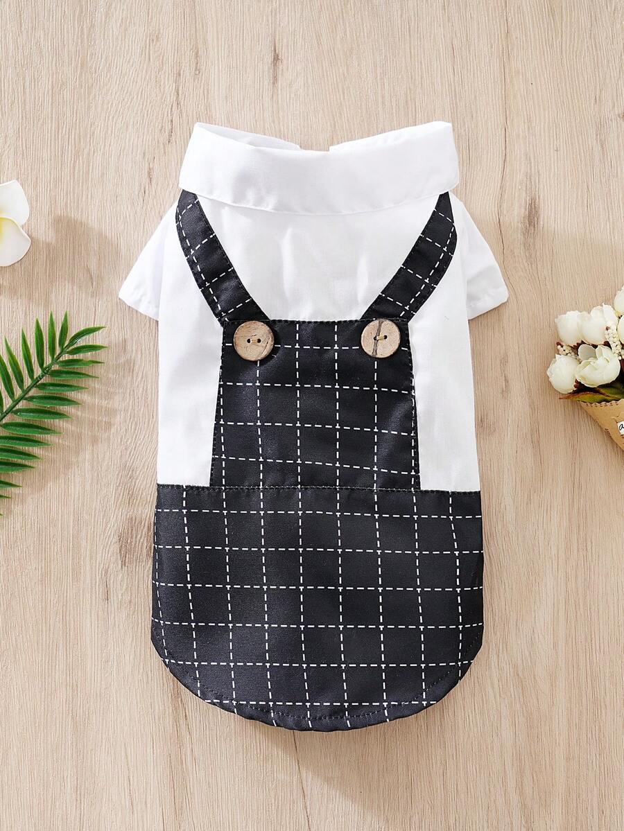 1件可愛又帥氣的寵物服裝格子背帶褲、襯衫和外套 - 黑與白 - 查看 1