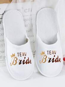1双白色婚礼一次性拖鞋，采用无纺布材质装饰，适合新娘派对软底拖鞋，可作为婚礼宾客、圣诞节礼物 - 玫瑰金team bride拖鞋 - 查看 1