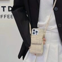 適用於iphone 15 Pro Max / 14 Pro的手機殼,斜跨包,卡片和手提包、全覆蓋保護殼,編織圖案、簡約、奢華、優雅、裸機、輕奢 - 卡其色 - 查看 13