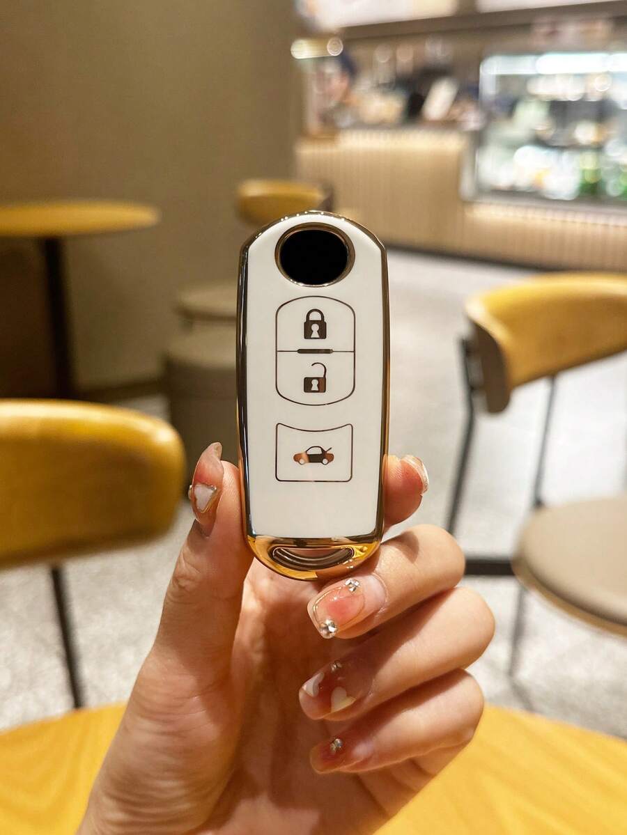 1pc Gold-rimmed White Tpu Car Key Protective Case With 3 Buttons, Suitable For Cars - Multicolor - View 1