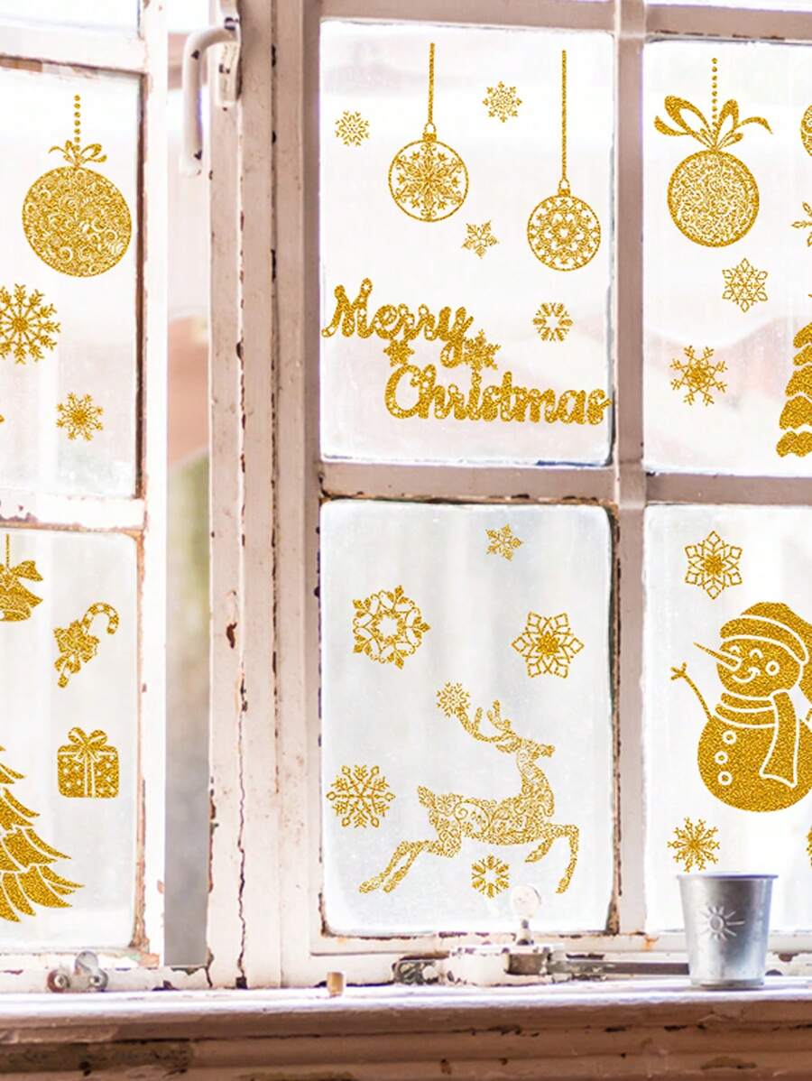 9入組聖誕金色可移式靜電貼紙,店鋪櫥窗玻璃門裝飾場景 - 金色 - 查看 1