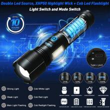 LED Flashlight 5000 Lumen, Extremely Bright LED Flashlight Set With 3200 MAh Rechargeable Batteries, Red & White Bi-Color Side Lights, IPX4 For Camping, Fishing, Outdoor & Emergencies - Black - View 5