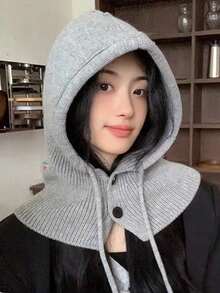 1件装女士可爱披肩针织帽，百搭防寒日常帽 - 灰色 - 查看 2